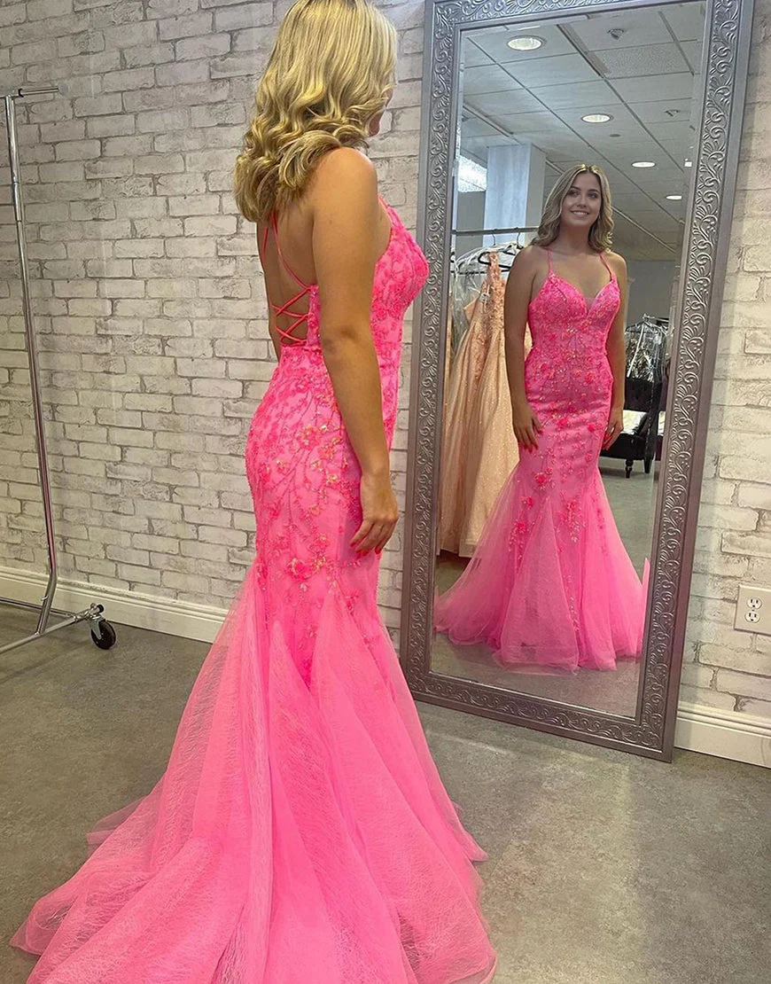 Mermaid Deep V-Neck Cross Back Long Satin Prom Dress With Split